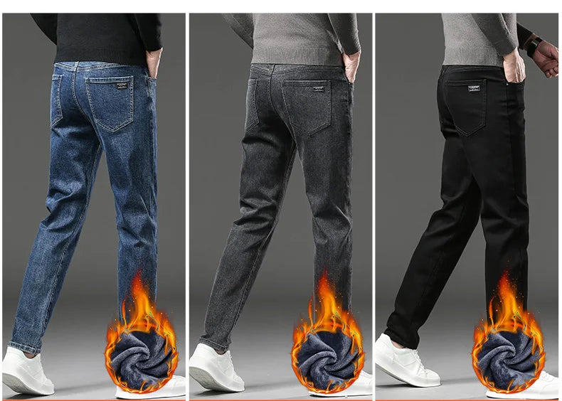 Winter Fleece Dicke Warme Jeans Herren Slim Straight Elastische Denim-Hose Lässige Herrenbekleidung Mode Plüschhose