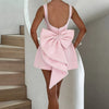 Elegant Pearl Bow Backless Short Dress Women's Sleeveless Party Cute Mini Dresses Black White Pink Chic Birthday Evening Y2K New