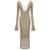 Abendkleid Damen Elegant Pailletten Tiefer V-Ausschnitt Langarm Midikleid Sexy Luxuriös Rückenausschnitt Schnürung Knöchellang Bandage Partykleid