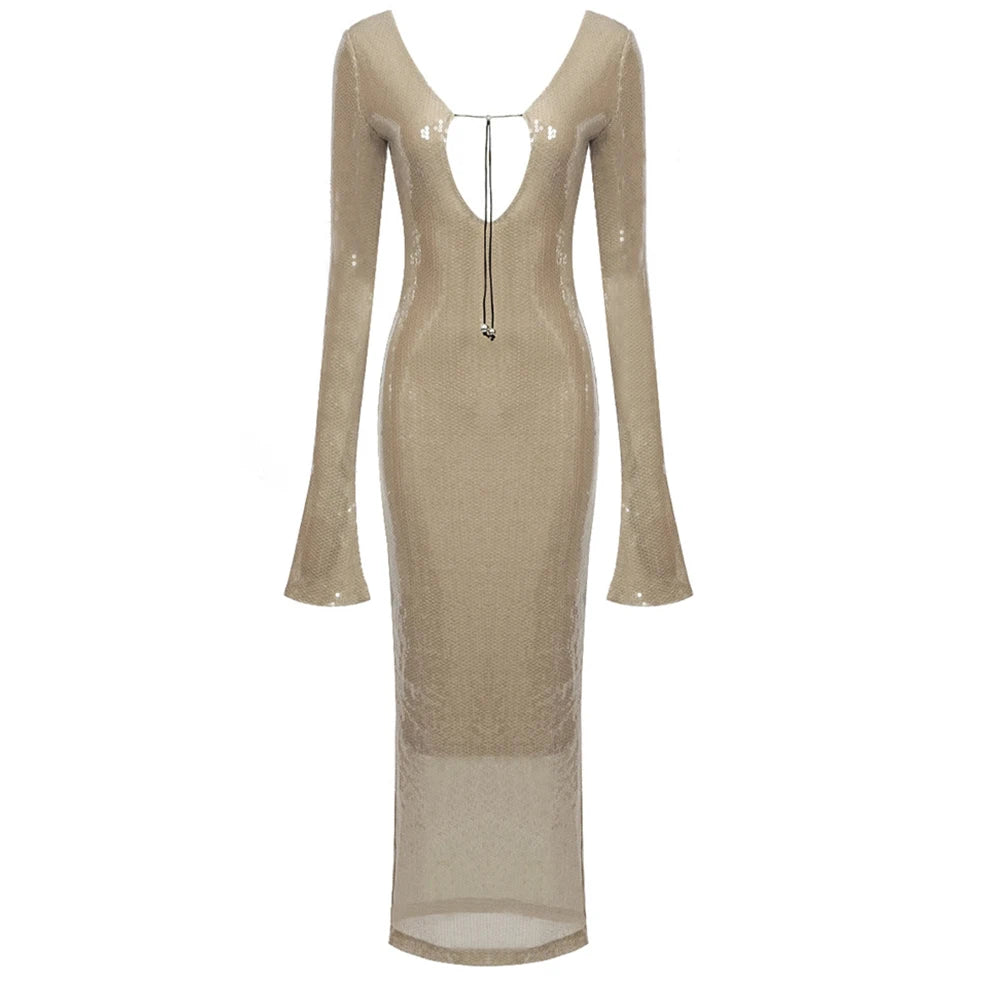 Abendkleid Damen Elegant Pailletten Tiefer V-Ausschnitt Langarm Midikleid Sexy Luxuriös Rückenausschnitt Schnürung Knöchellang Bandage Partykleid