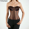 Women Mesh Corset Bustier With Cups Overbust Tight Shaping Tops Strapless Transparent Bodice Slimm Waist Wedding Lace Up Boned