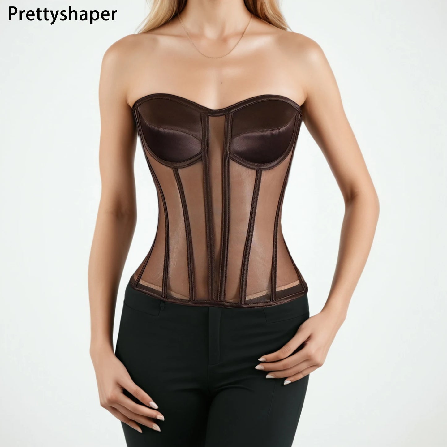 Women Mesh Corset Bustier With Cups Overbust Tight Shaping Tops Strapless Transparent Bodice Slimm Waist Wedding Lace Up Boned