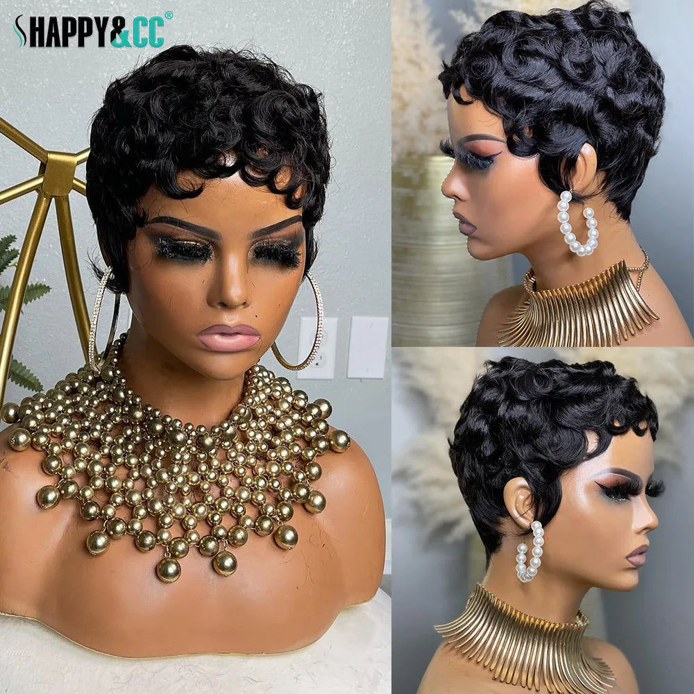 Lockige Pixie-Cut-Perücken, kurze Echthaarperücke für schwarze Frauen, natürliche schwarze gewellte Bob-Perücke, glueless, Remy-Haar, komplett maschinell gefertigte Perücke