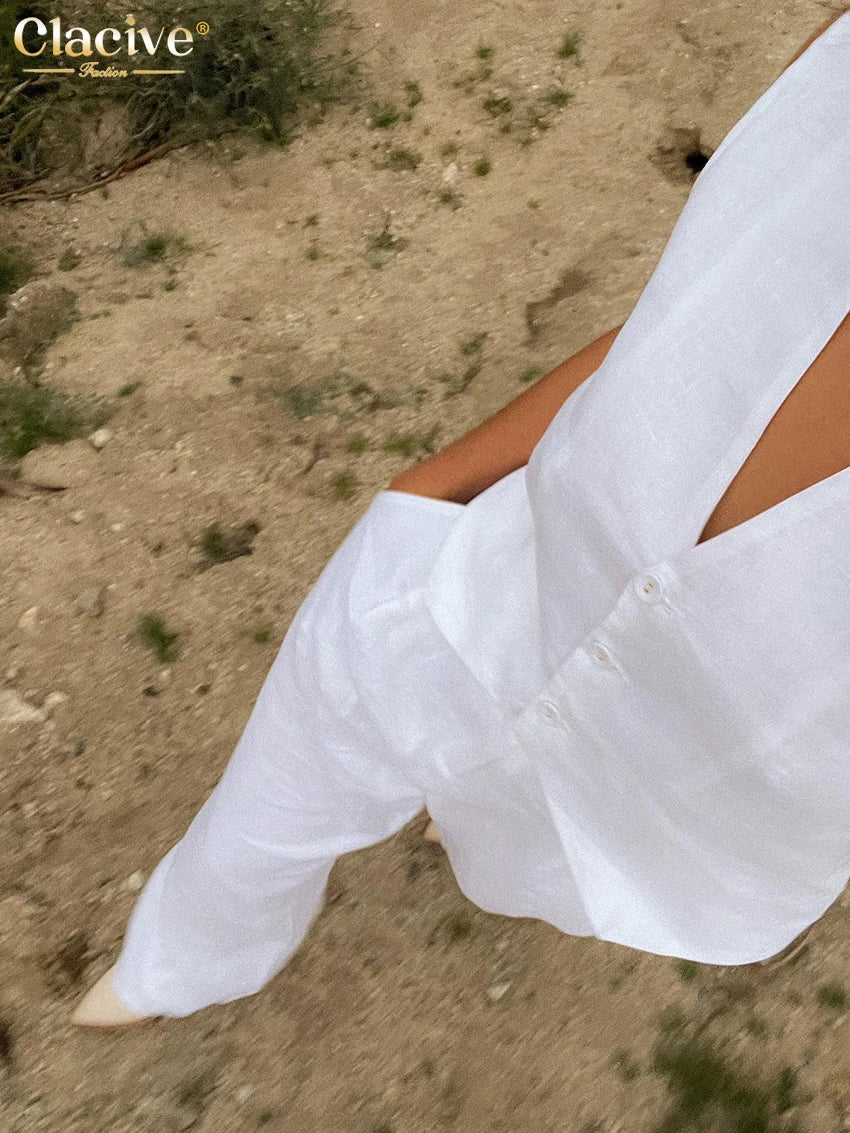 Clacive Summer White Linen Two Piece Set For Women 2023 Fashion Sleeveless Tank Top New In Matching High Waist Wide Pants Set