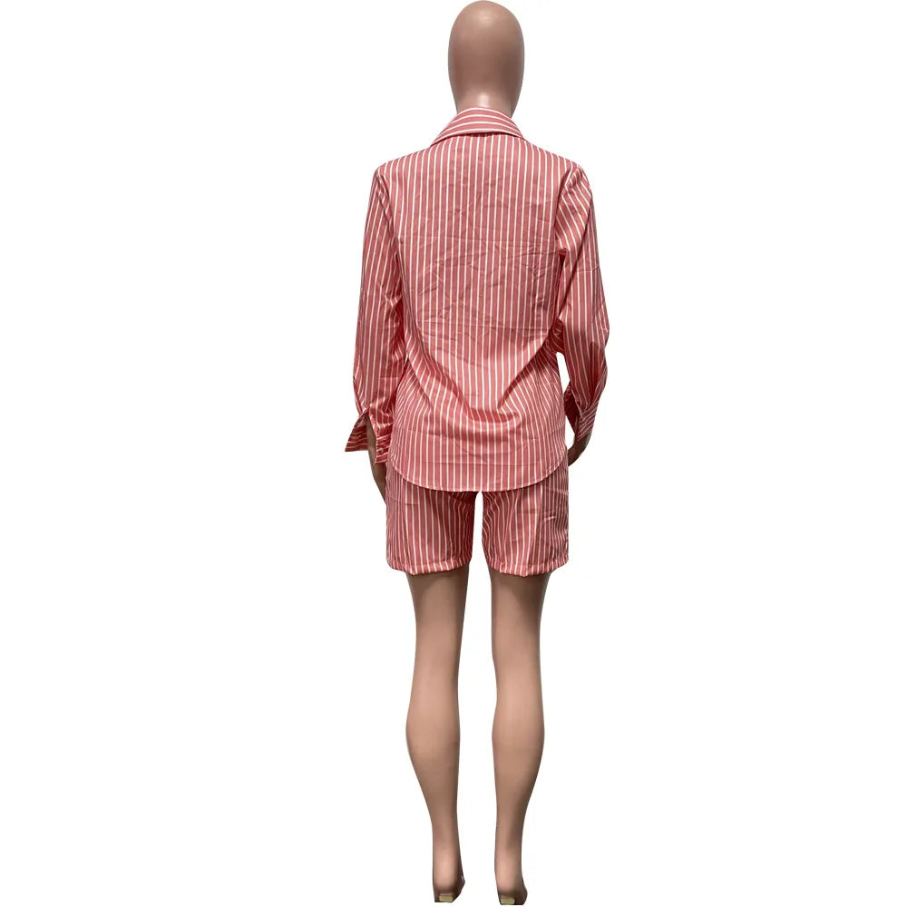 Two Piece Short Sets Women Striped Single Breasted Cardigan Blouses Shorts Elastic Waist Shirt Suit Casual Outwear Summer