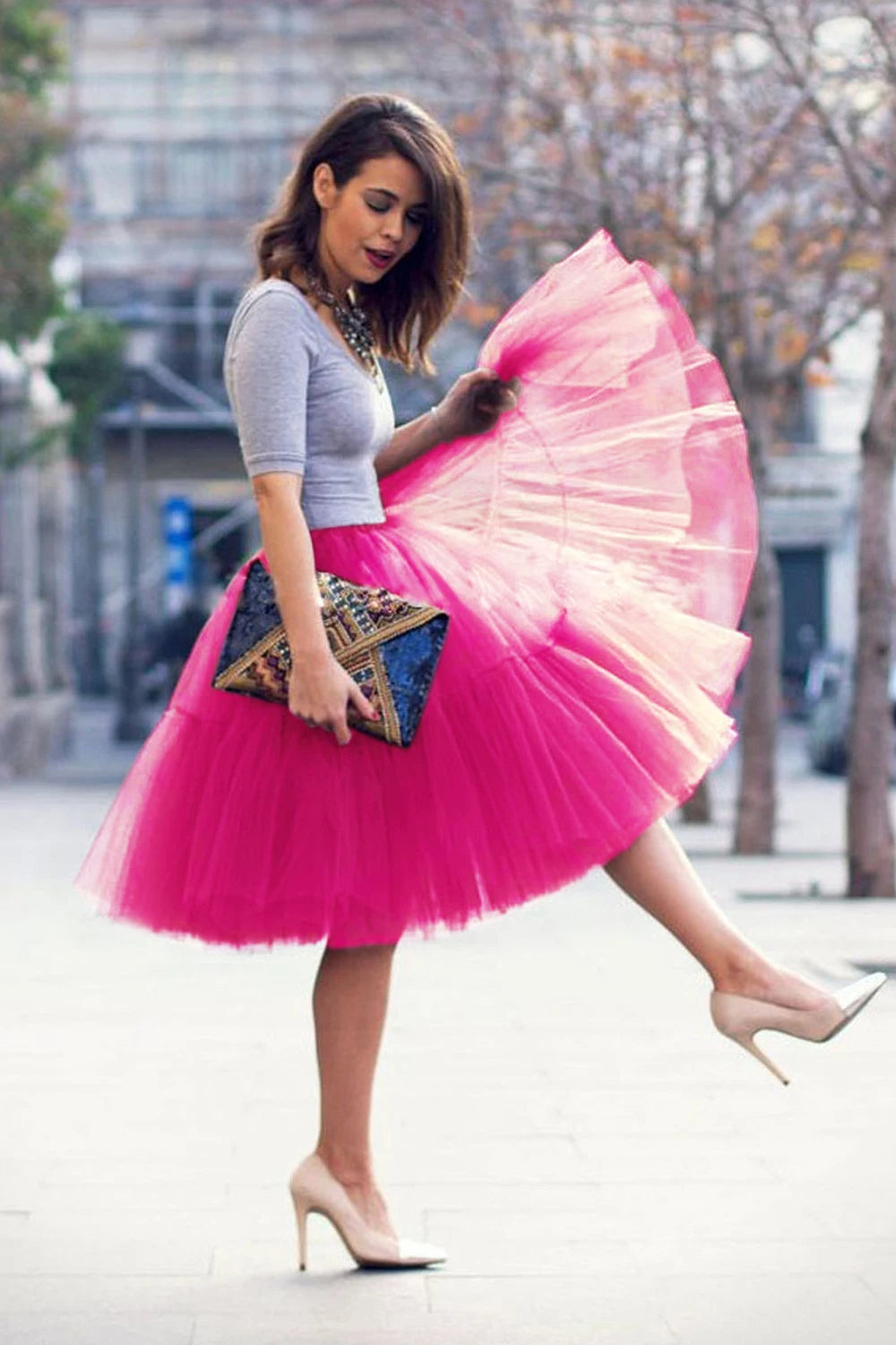 Multi-layer Tulle Tutu Skirts Fuchsia 6 Layers Fluffy Petticoat Underskirt Princess Ball Gown Women Halloween Party Skirt