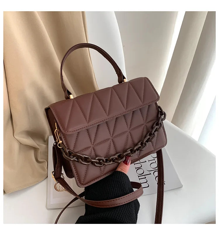 Solid Plaid Crossbody Bags For Women, Chain Decor Fashion Shoulder Bag Ladies Handbag For Daily Used