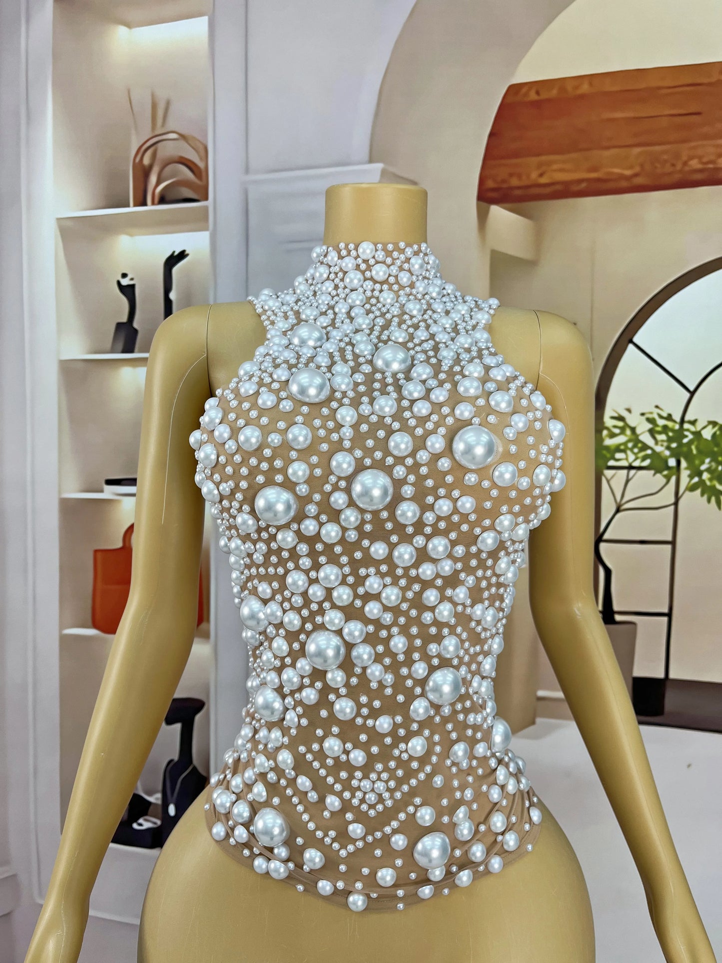 Nightclub Big Pearls Bandage Top Collection Party Shiny Rhinestones Sexy  Backless Singer Dancer Show Party Show Costume dazhu