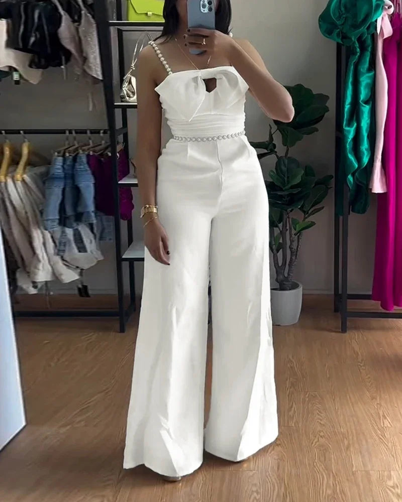 Spring New Jumpsuit Women Bandeau Beaded Spaghetti Strap Bowknot Design Ruched Slim Fit Elegant Wide-Leg Overall Female Jumpsuit