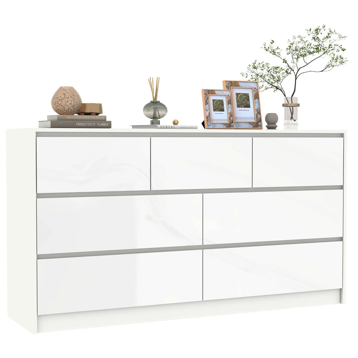 7 Drawer Dresser for Bedroom, 55 Inch Modern Dresser with High Gloss Drawers, Large Wood Chest of Drawer, White/Black