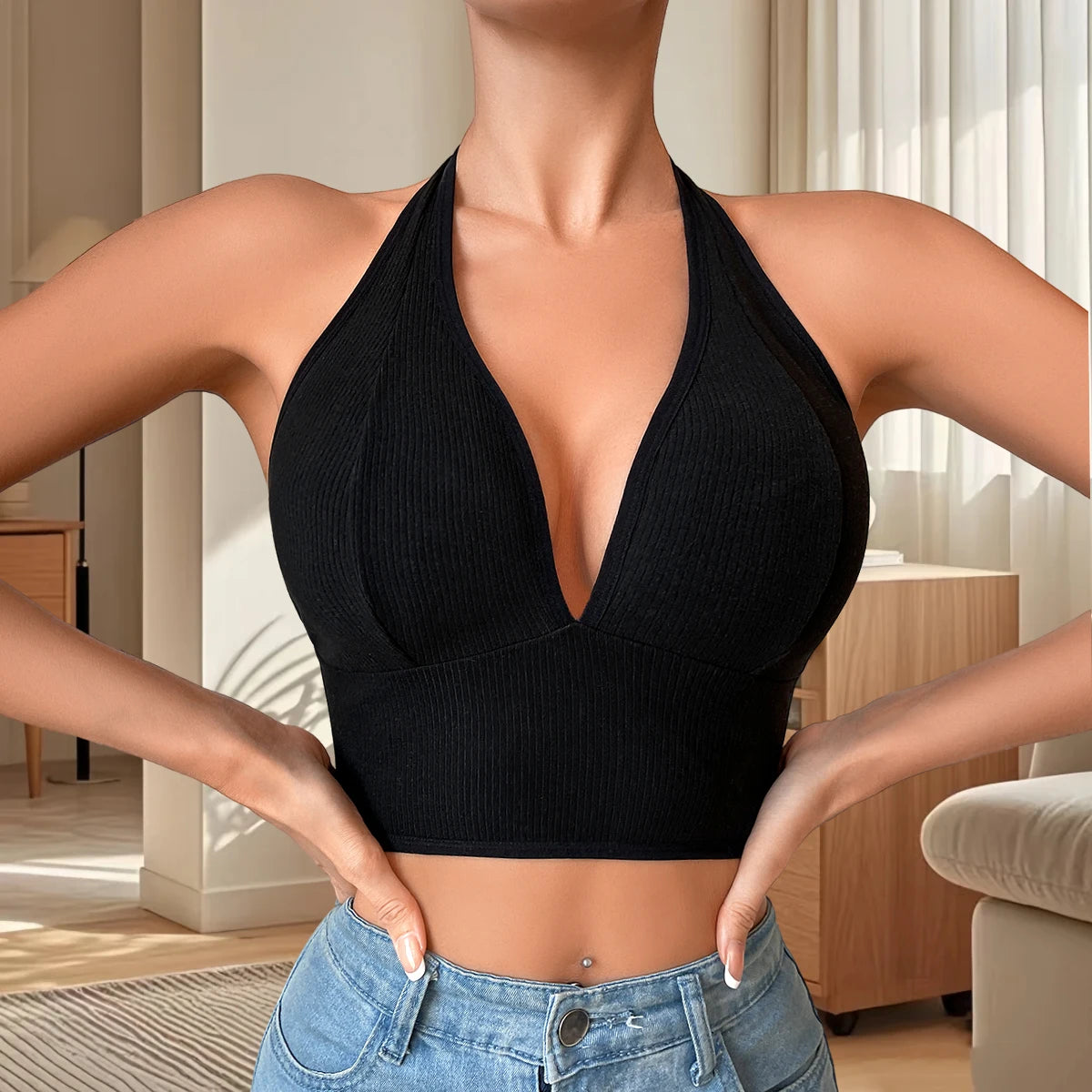 1x nahtloses, sexy Damen-Top, gerippt, atmungsaktiv, Dessous, Sport-Trägerhemd, Gymnastik-Tanktop, rückenfrei, Damenunterwäsche, Weste