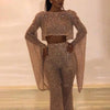 Sexy Backless Hollow Bandage Jumpsuit Women Spring O-neck Flare Sleeve Straight Playsuit Fall Sequin Shiny Party Romper Overalls