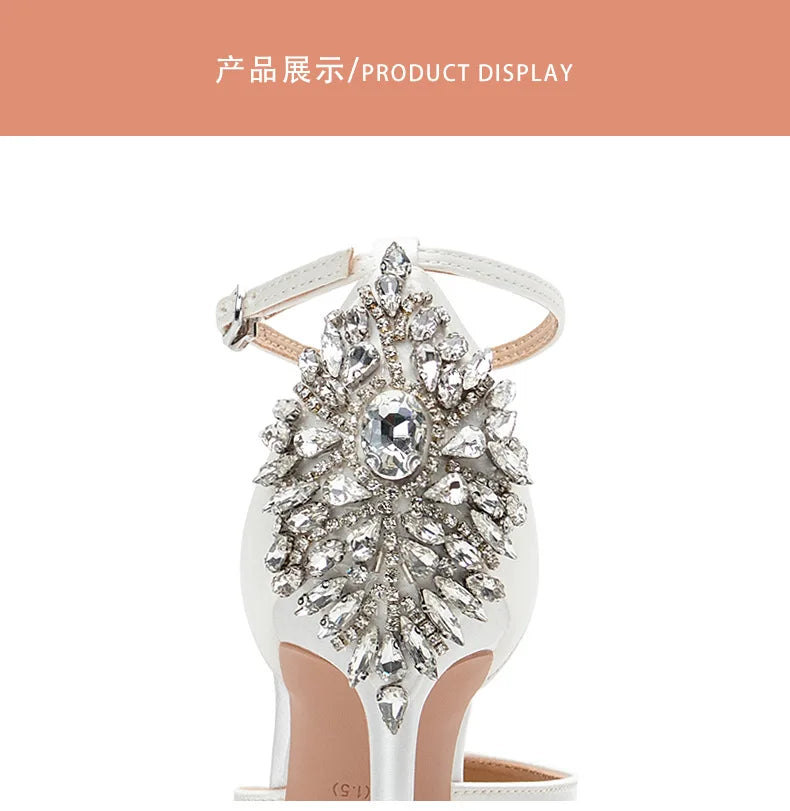 Baotou Hohle High Heels Damen Sandalen Spitz Dünne Ferse Ein-Wort-Schnalle Strass Hochzeitsschuhe Brautschuhe