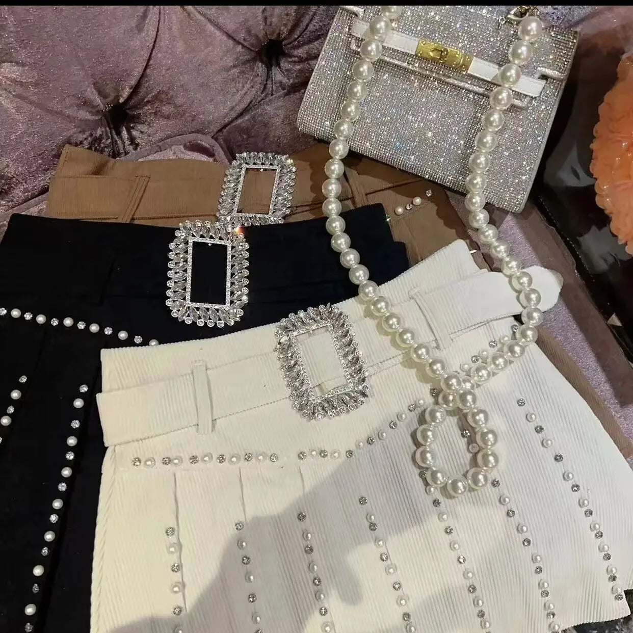 New pleated skirt for women pearls diamonds fashion shorts