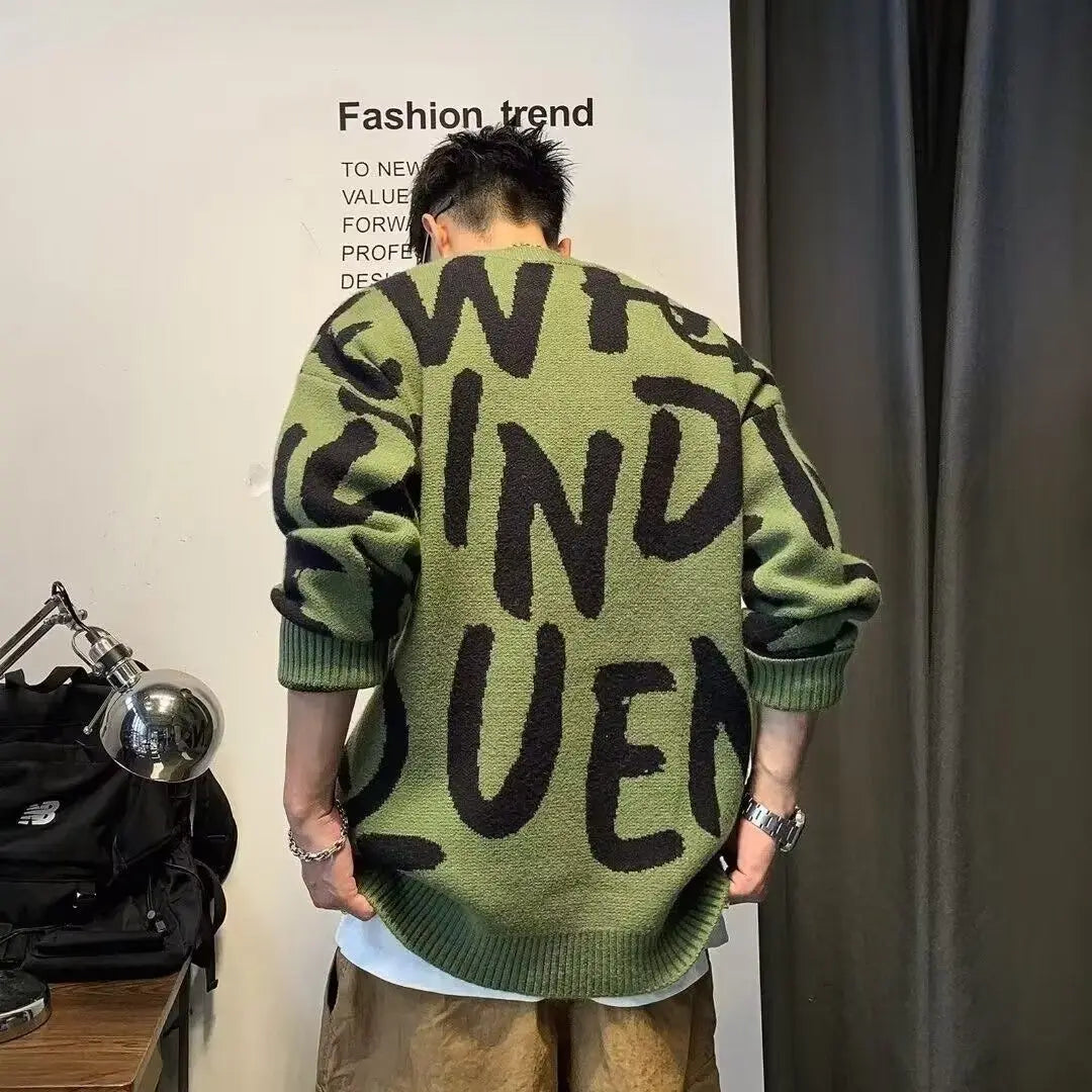 Pullover Man Letter Green Knitted Sweaters for Men Crewneck Loose Knitwear Round Collar Clothing Deals 2024 Fit Cheap Woven Top