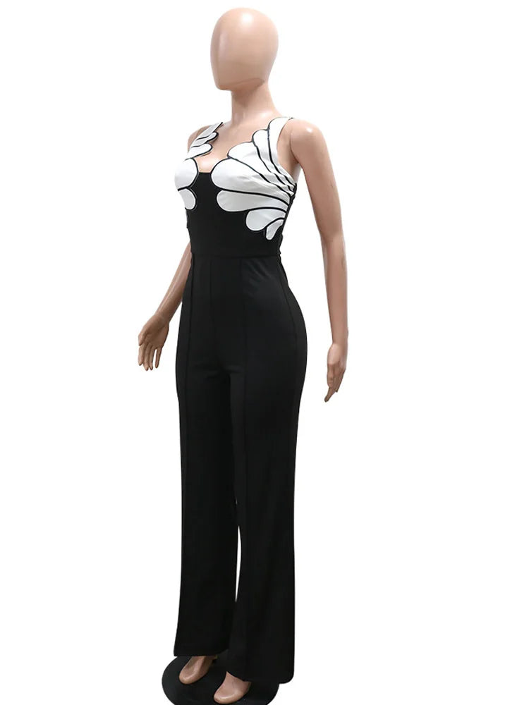 Beyprern Wunderschöner Jumpsuit mit Muscheldetails für Damen, ärmelloser Palazzo-Jumpsuit, weites Bein, Hosenanzug, Overalls, sexy Clubwear