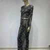 Festival-Outfit Damen High-End-Mode Nude-farbenes Strass-Mesh-Langarm-Crop-Top mit Rundhalsausschnitt und lange Röcke Gala zweiteiliges Set