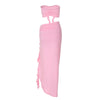 Hugcitar Fashion 2 Pcs Sets Strapless Tie Flower Draped Sexy Crop Tank Top Slit Tassel Maxi Skirt Women Outfit Festival Party