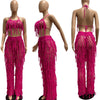 FAGADOER Sexy Hollow Out Tassels Pants Two Piece Sets Women Halter Sleeveless Backless Crop Top + Pants Outfit Female Streetwear