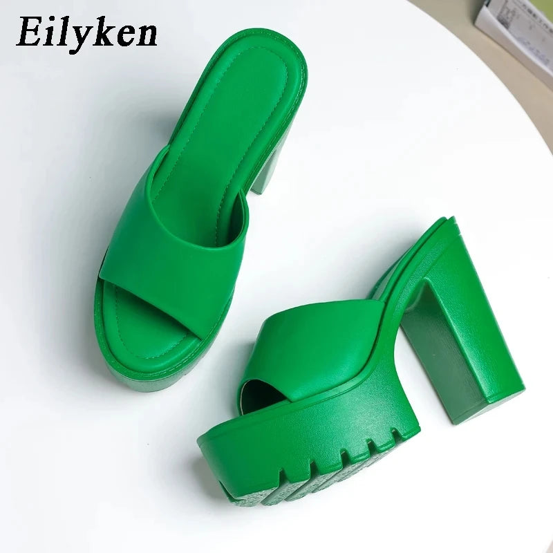 Eilyken Sommer-Fashion Damen Pantoletten Bankett Nachtclub Plateau Chunky High Heels Mules Slides Grüne Weiße Sandalen