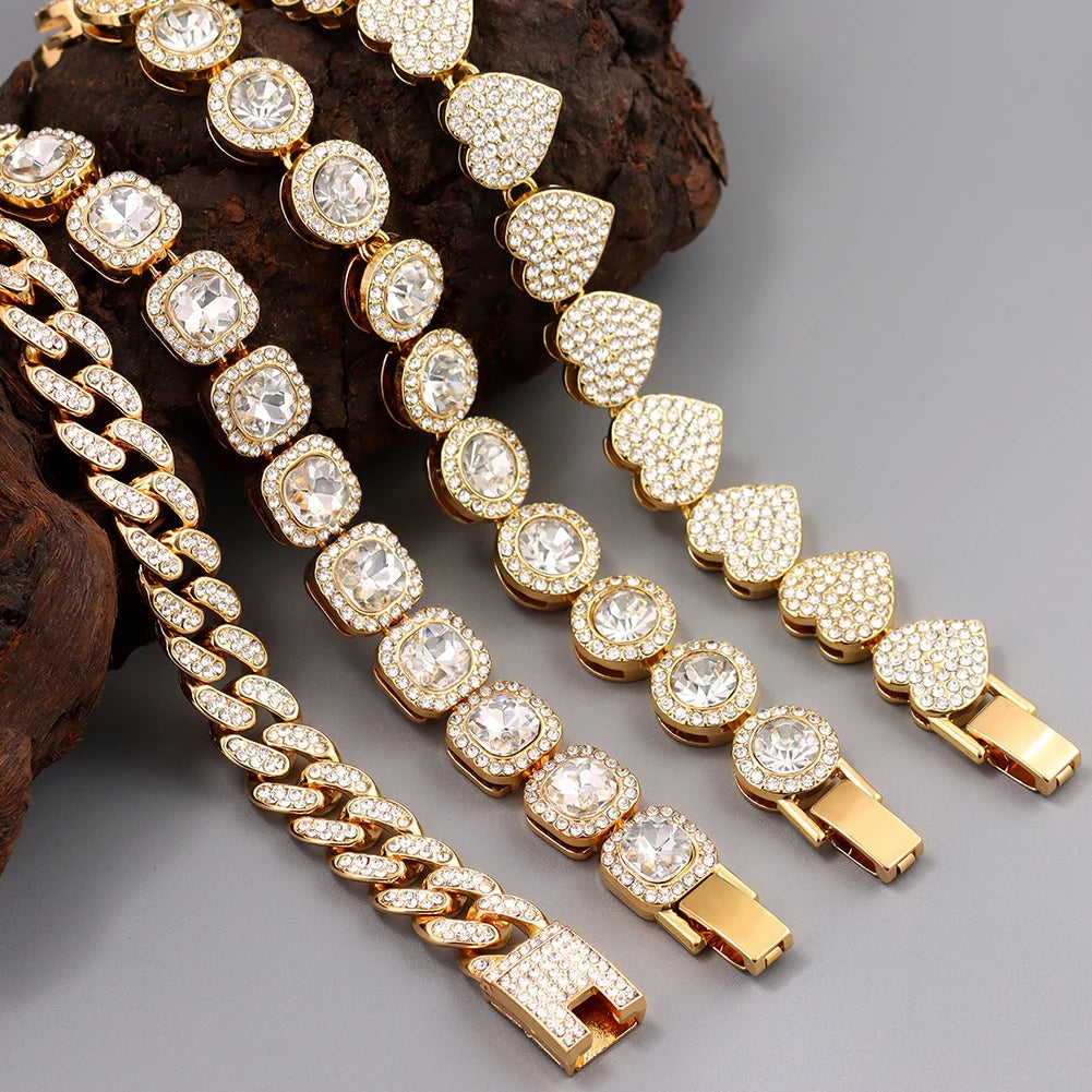 Iced Out Pink Cuban Armband für Frauen Hip Hop Gold Silber Farbe Kristall Herz Kreis Quadrat Armband 4Pcs Set Schmuck Geschenk