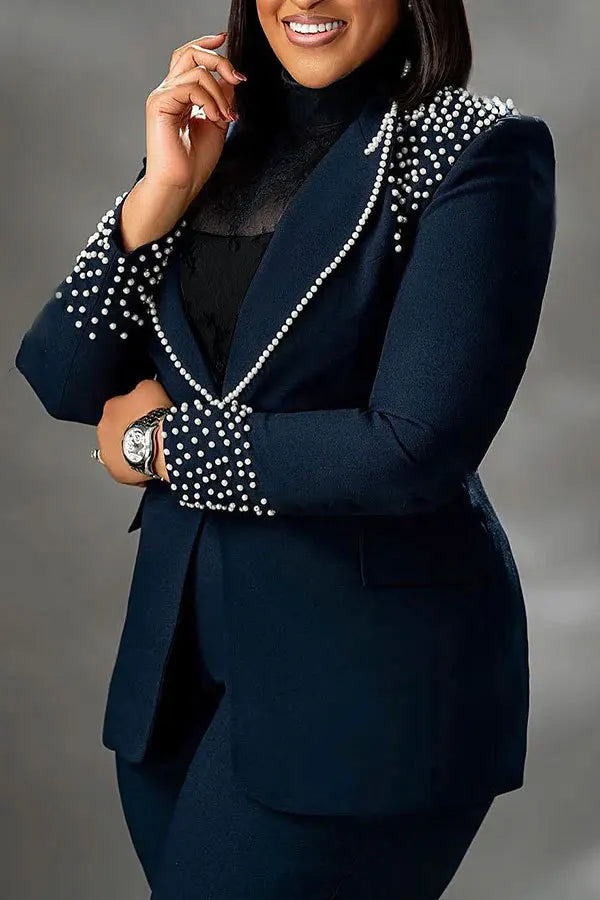 2 Pieces Women's Sets Autumn Winter Long Sleeve Pearl Blazers Suit Tops And Pants Suits Two Piece Set Tracksuit Outfit 2025