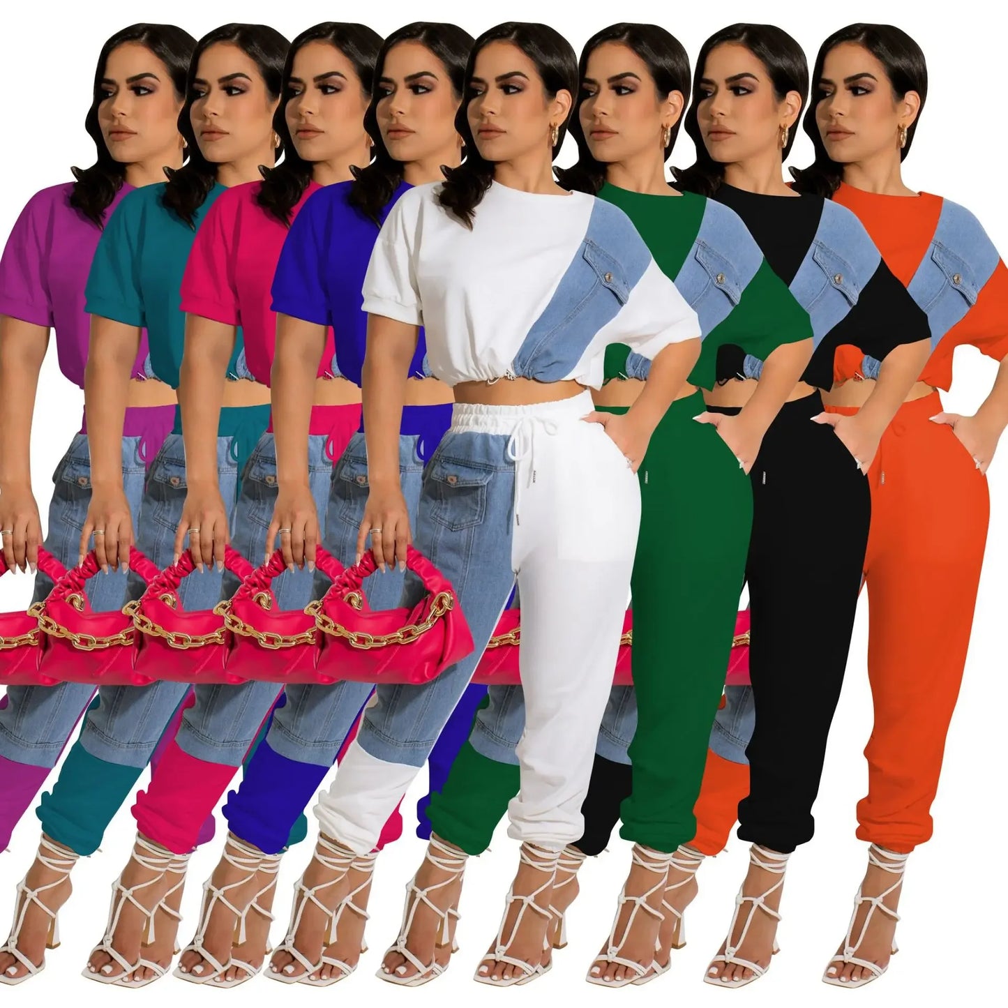 CM.YAYA Workout Denim Patchwork Women Two 2 Piece Set Outfit Sweatsuit 2022 T-shirt and Jogger Pants Matching Set Tracksuit