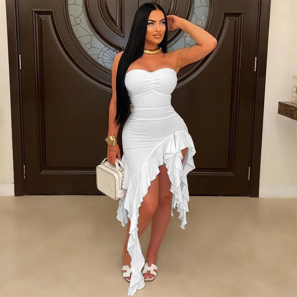 CM.YAYA Women Strapless Sleeveless Ruched Stacked Mini Dress 2025 Summer Beach Vacation Party Birthday Street Sexy Dresses