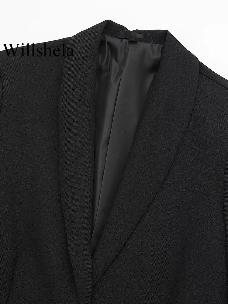 Willshela Damenmode Satin Schwarz mit Feder Blazer Jacke Vintage Kerbausschnitt Einreiher Lange Ärmel Damen Outfits