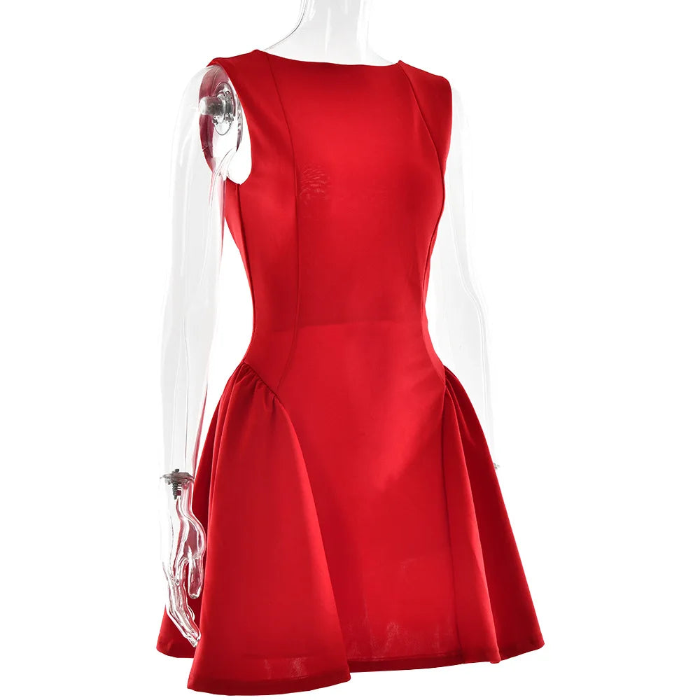 CM.YAYA Summer Women Sleeveless Elegant O-Neck Ruched A-Line Dress 2025 Beach Holiday Backless Night Club Party Dresses Vestidos