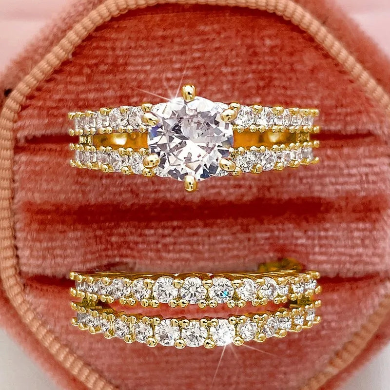 Huitan Sparkling 2Pcs Set Cubic Zirconia Rings for Women Wedding Engagement Fashion Jewelry Luxury Trendy Female Rings Wholesale