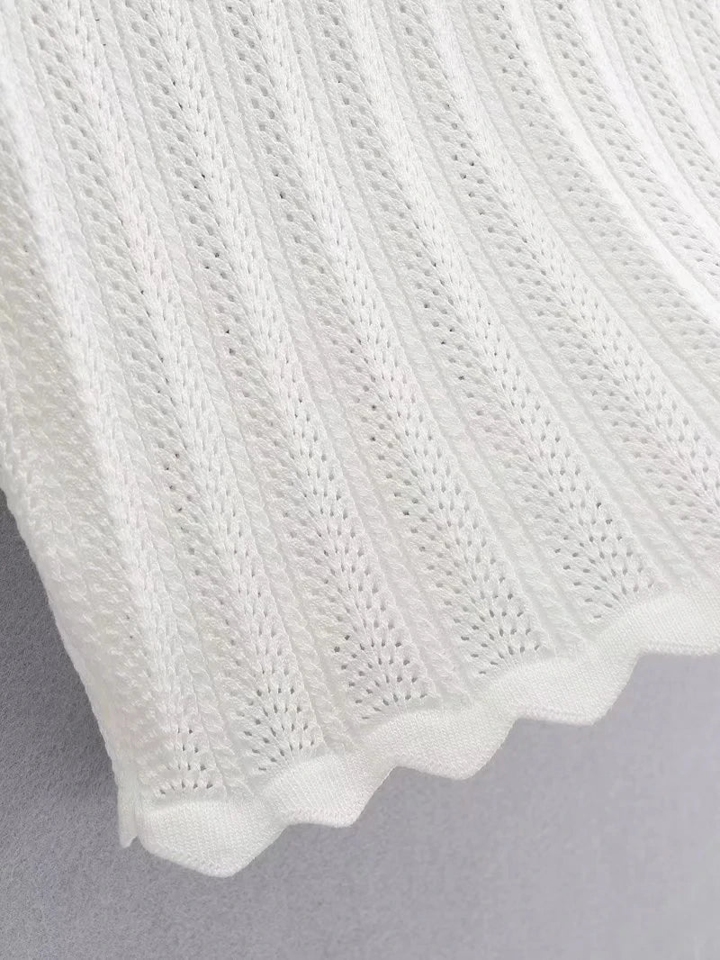 Damen V-Ausschnitt gestricktes Häkel-T-Shirt mit