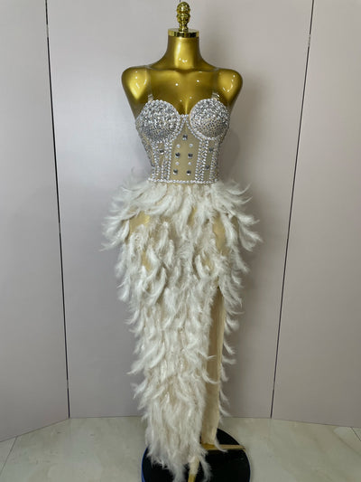 Lager 2025 Damen Sexy Glitzer Strass Mesh Feder Langes Kleid Elegante Abendparty Feiern Geburtstag Performance Kostüm