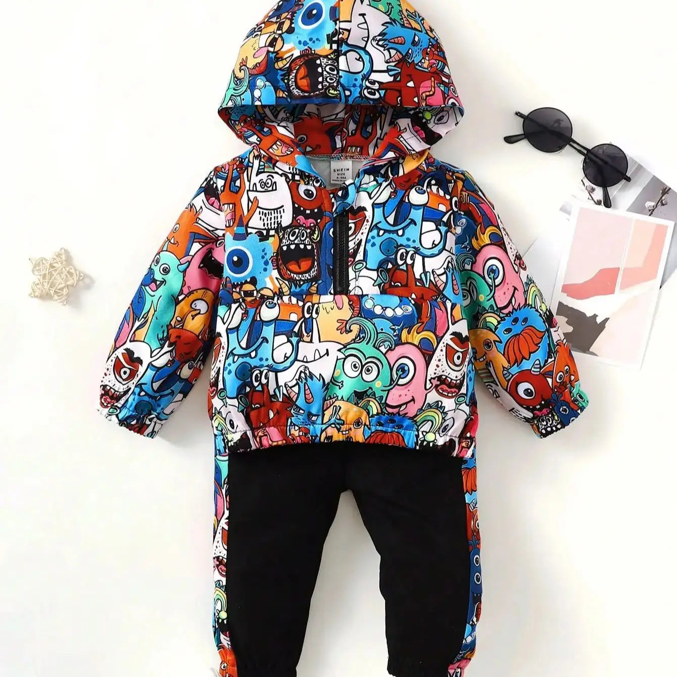 Two Sets Of Baby Boys Casual Cute Monster Pattern Half Open Front Hoodie & Pants Spring And Autumn