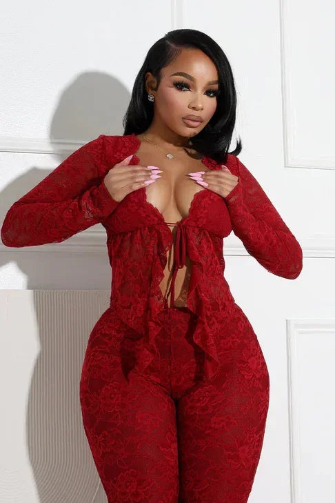 2025 Women's Set Long Sleeve Lace See Through Shirt + Long Pants Street Evening Sexy Two 2Piece Sets Outfits Tracksuit
