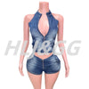 HLJ&GG Blue Fashion Denim Halter Two Piece Sets Women Sleeveless Backless Slim Crop Top And Skinny Jean Pants Outfits Streetwear
