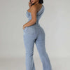 Flare Denim Pants Full Length Women Jeans One Piece Overalls Spliced Solid Jumpsuits Loose Pockets High Waist Basics Washed