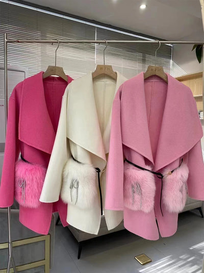 2024 New Winter Real Natural Fox Fur Pocket Coat Ladies Outwear Female Coat Cashmere Wool Woolen Women Luxury Jacket