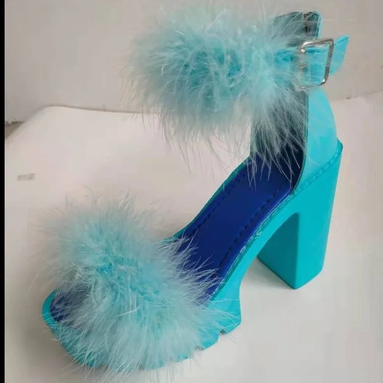 Neue Damen-Sommersandalen, grobabsätzige Pelzgummi-Sandalen, Plateau-Absätze, Mary Janes Schuhe, High Heels, Lederschuhe