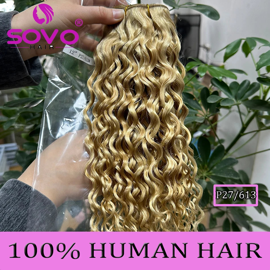 SOVO Honey Blonde Water Wave Human Hair Extensions 100 G Highlight P6/613 Natural Wet and Wavy Peruvian Curly Hair Weave Bundles