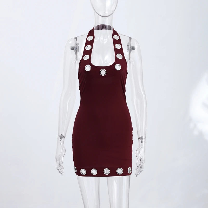 Sexy Halter Metal Ring Cutout Dress Women's O-neck Sleeveless Bodycon Mini Dresses 2026 Summer New Lady Fashion Edgy Party Wear