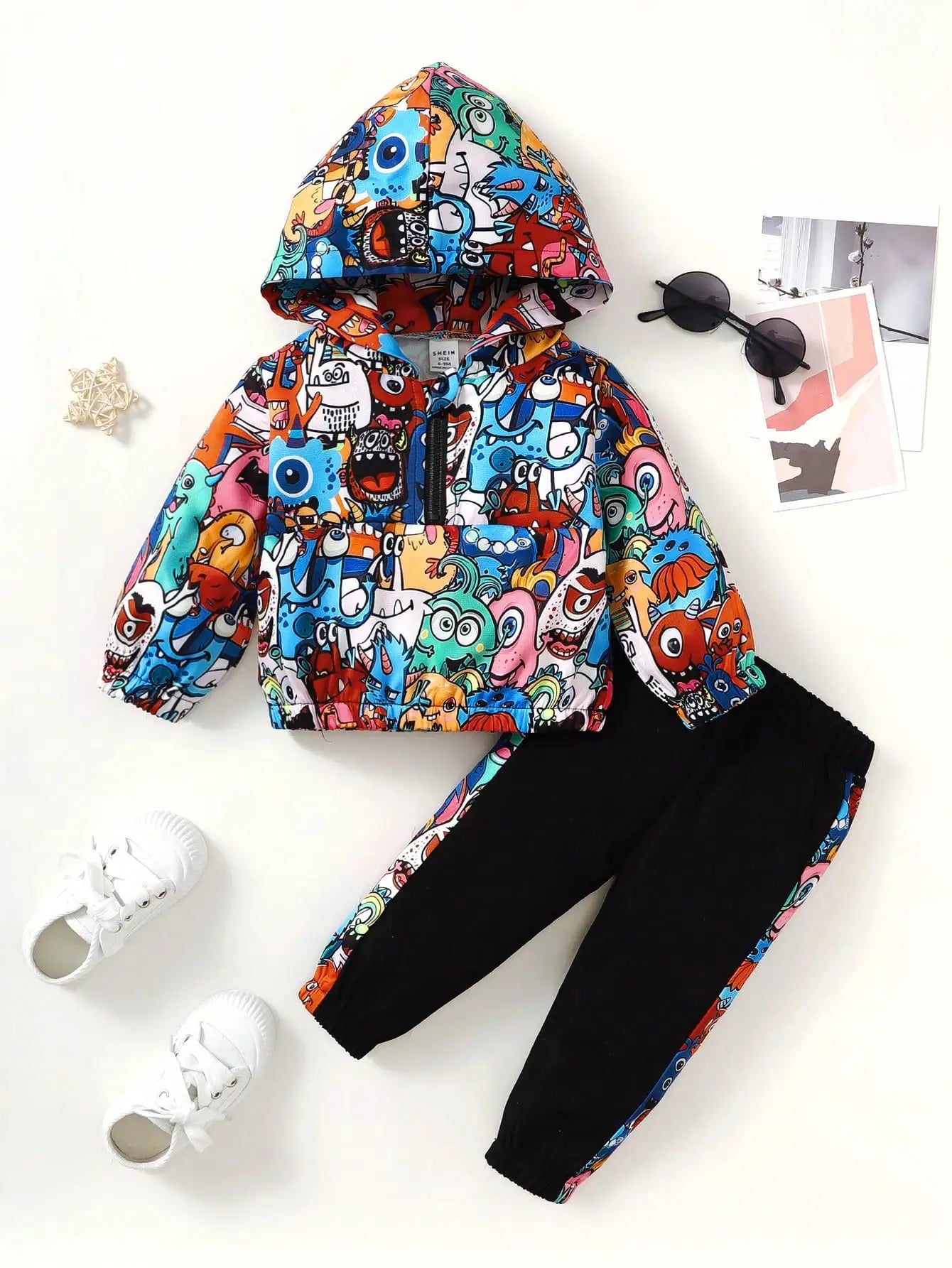 Two Sets Of Baby Boys Casual Cute Monster Pattern Half Open Front Hoodie & Pants Spring And Autumn