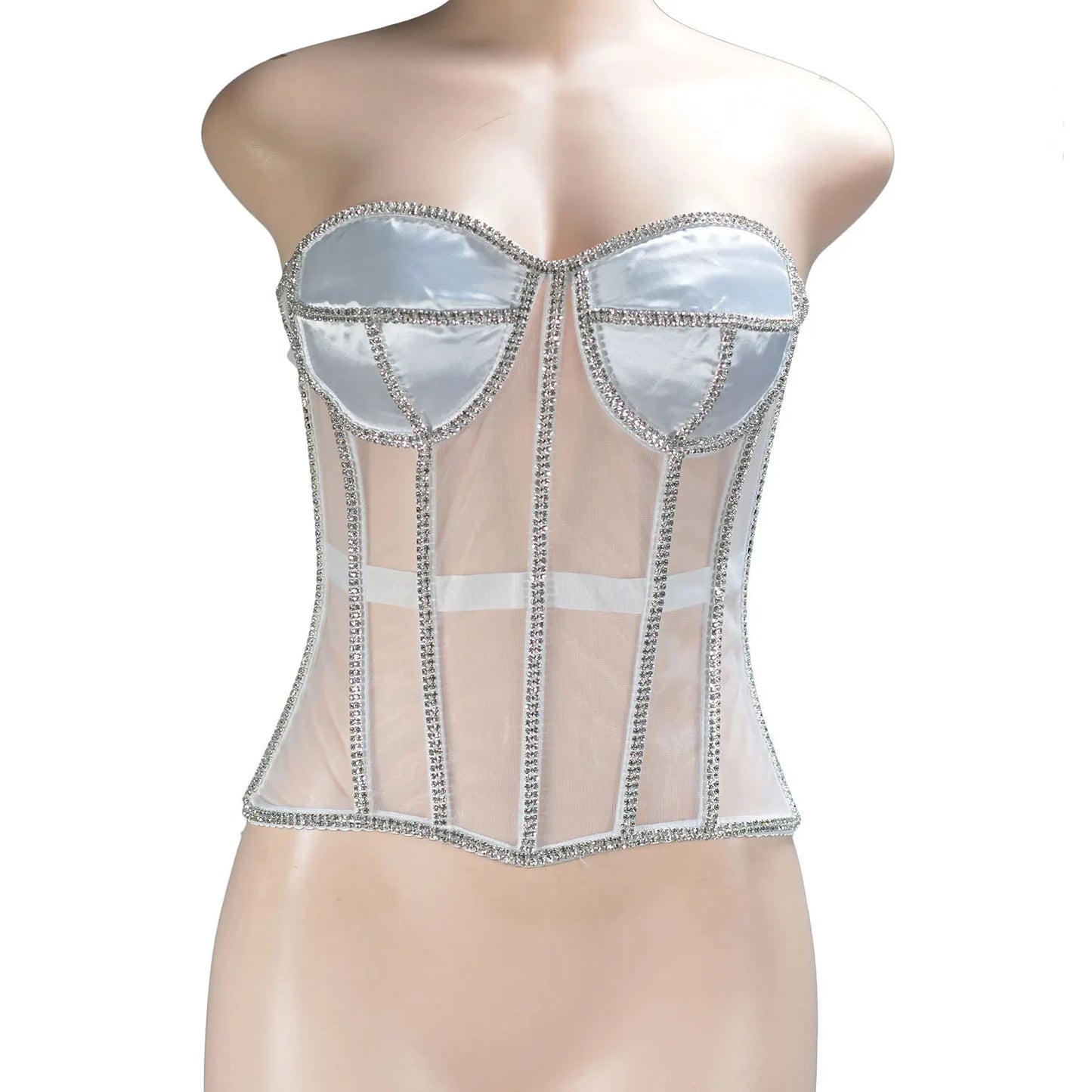 Women Abdomen Corset Crops with Bra Shiny Rhinestone Transparent Breathable Mesh Hand Made Bodices Push Up Bustiers Custom Made