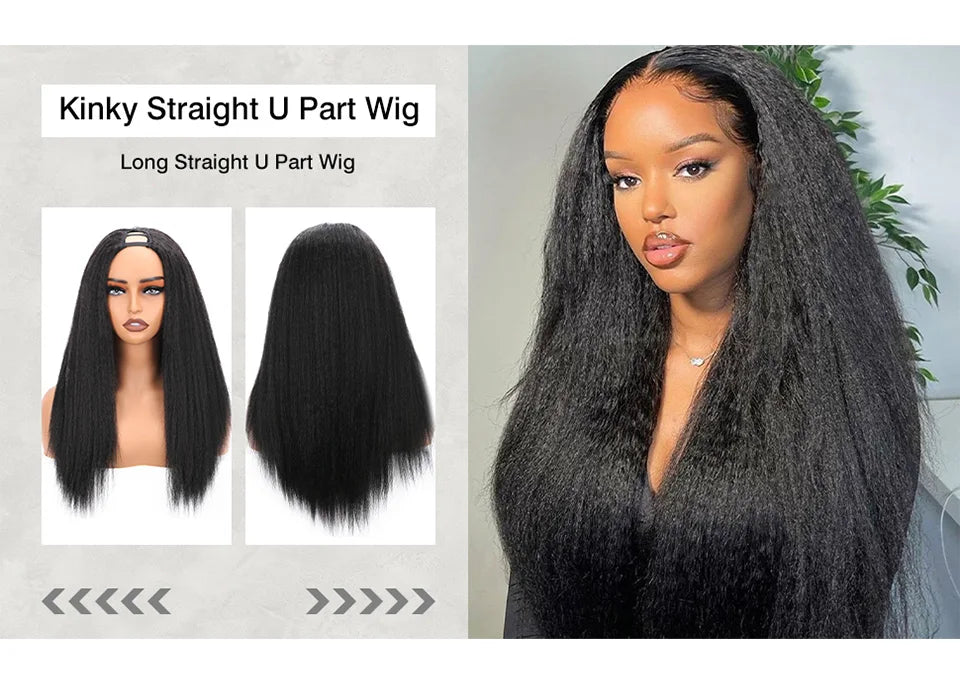 Yaki Straight U-Part-Perücken für schwarze Frauen, Kinky Straight U-Part-Perücke Echthaar Kurz Schwarz Braun U-Part-Perücke Kinky Straight Clip