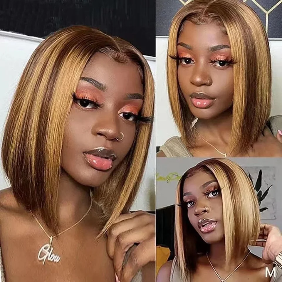 Highlight Perücken Echthaar Straight Bob Perücke 4/27 Ombre 13x4 Lace Front Echthaar Perücke 100% Remy Haar vorgezupft Transparente Spitze