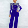 Women Jumpsuit Solid High Collar Hot Drill Mesh Shoulder Cotton Long Sleeves Long Straight Jumpsuit Sexy Party Outfits