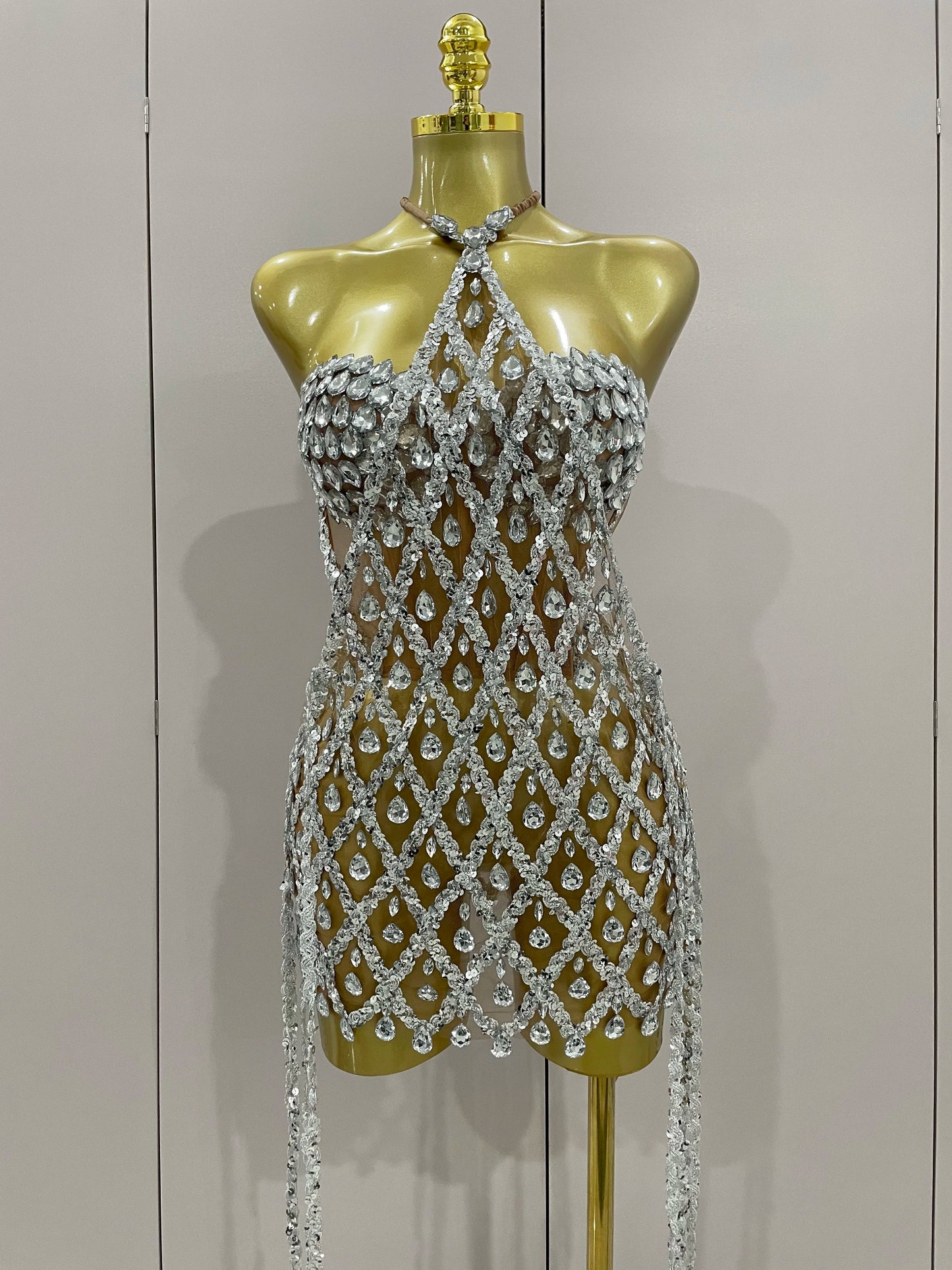 Sexy Sparkly Sequin Diamond Mesh Transparent Two Piece Set Women Celebrate Evening Party Birthday Dress Stage Photo Shoot Wear