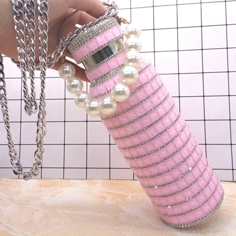 Bling Rhinestone Insulated Thermos Water Bottle with Chain Stainless Steel Vacuum Insulated Bottle Flask Portable Tumbler