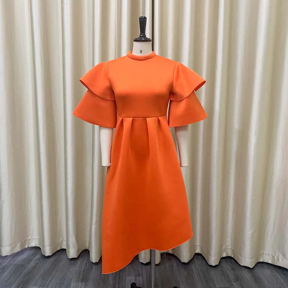 Elegant Party Dresses for Woman 2024 New O Neck Ruffles Sleeve High Waisted Asymmetric Mid Calf Luxury Birthday Dinner Vestidos