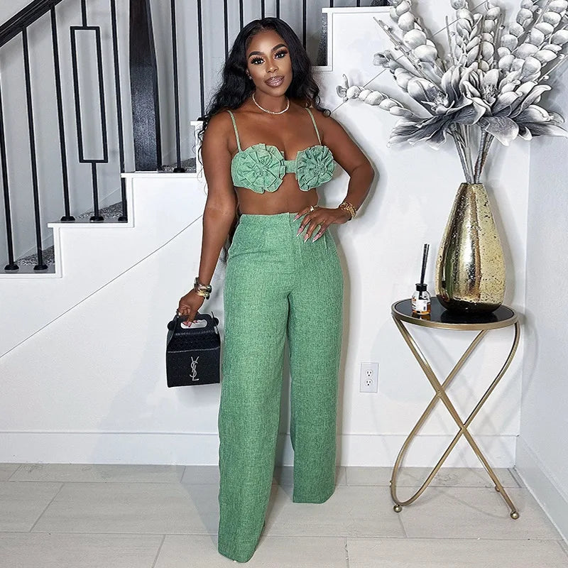 Pants Sets Women Sexy Camisole Top Straight Trousers 2 Piece Suit 3d Flower Backless Spaghetti Strap Tops Summer Outfits 2026